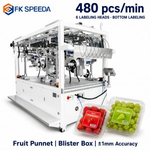 Customizable Fruit Tray Labeling Machine 6 Heads Bottom Sticker Applicator PET Blister Clamshell Produce Line